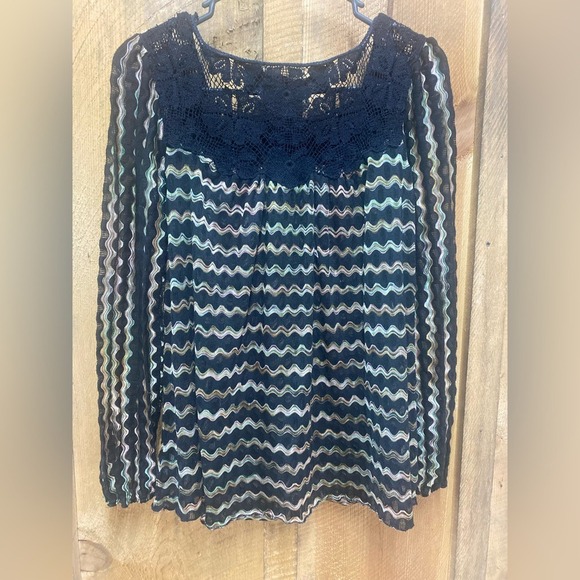 Free People New Romantics Boho Sheer Blouse Black Crochet Neckline Small Beaded‎ - Picture 2 of 9